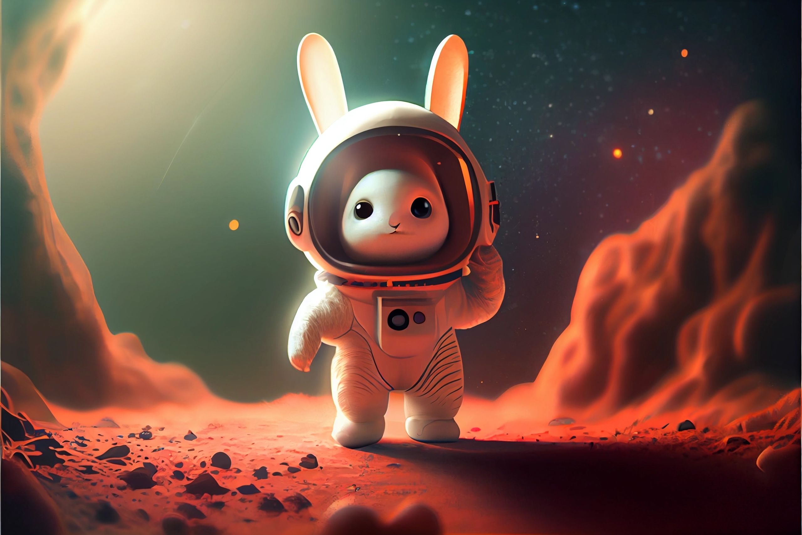 Super qurious cute standing baby rabbit dressed as an astronaut, eyes with dilated pupils, anthropomorphic, bright studio lighting, octane render, 4k