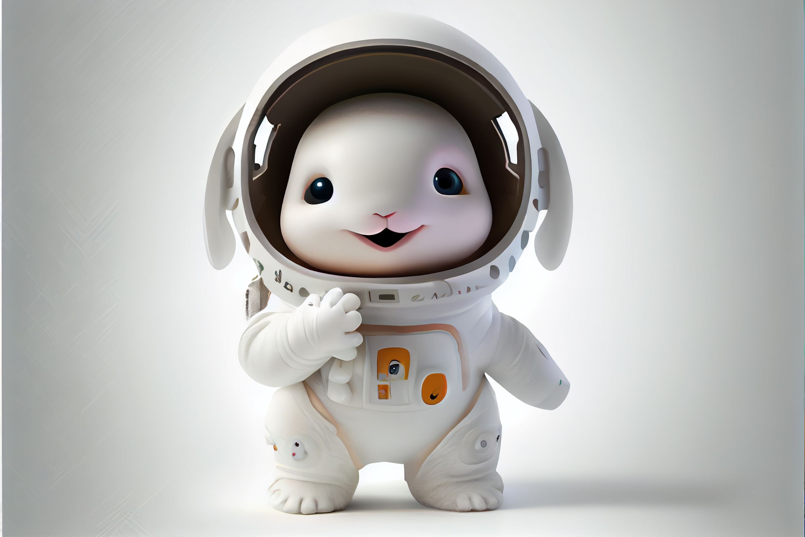 white background, super laughing out laud cute standing baby rabbit dressed as an astronaut, eyes with dilated pupils, anthropomorphic, bright studio lighting, octane render